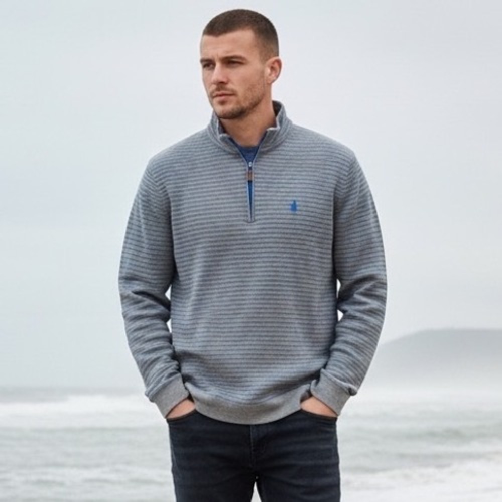 Johnnie-O Mens Large Gray Blue Striped Quarter Zip Pullover Sweater 2051